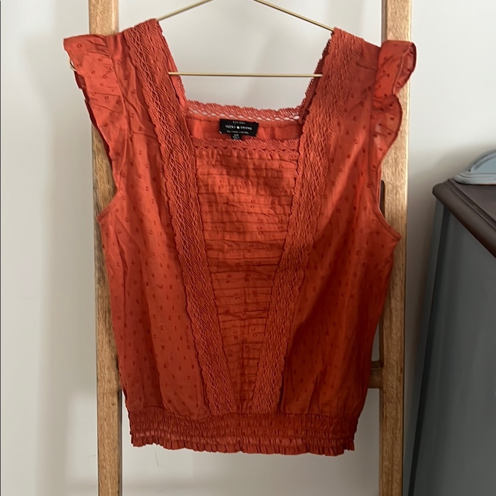 Lucky Brand Orange Smocked Ruffled Blouse